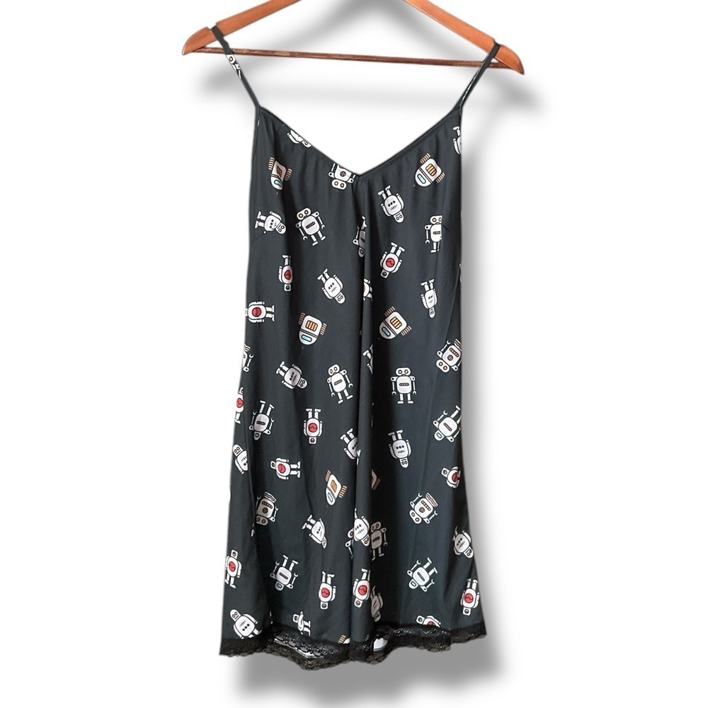 ModCloth Breakfast for Dinner Blue Black Robot Lace Trim Spaghetti Strap Nightie
